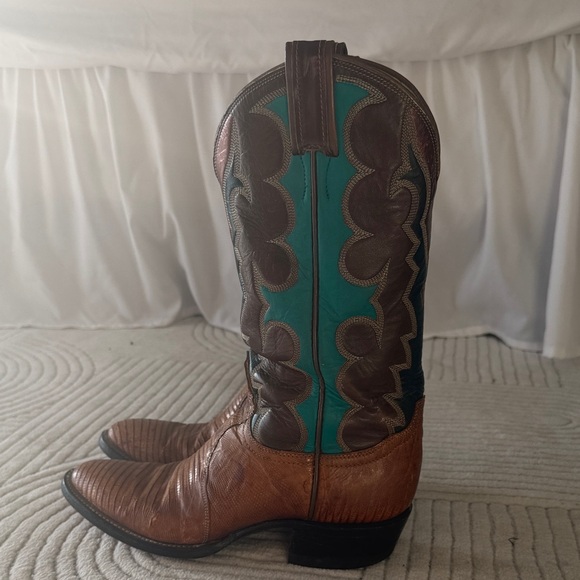 Tony Lama Brown and Teal Heeled Boots - Picture 2 of 6